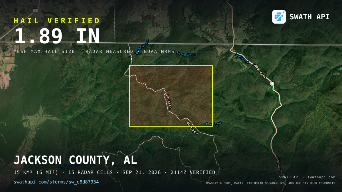 Storm card: 1.2–1.9" hail crossed Jackson County, AL — September 21, 2026