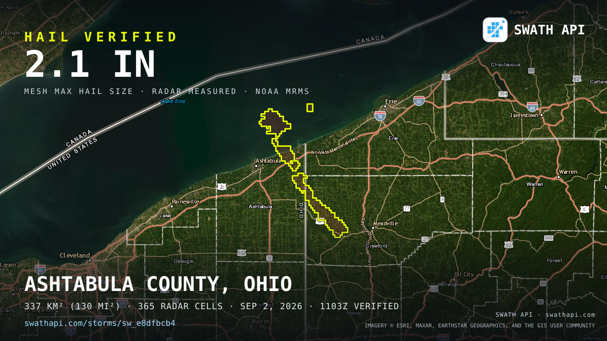 Storm card: 1.2–2.1" hail crossed Ashtabula County, OH — September 2, 2026