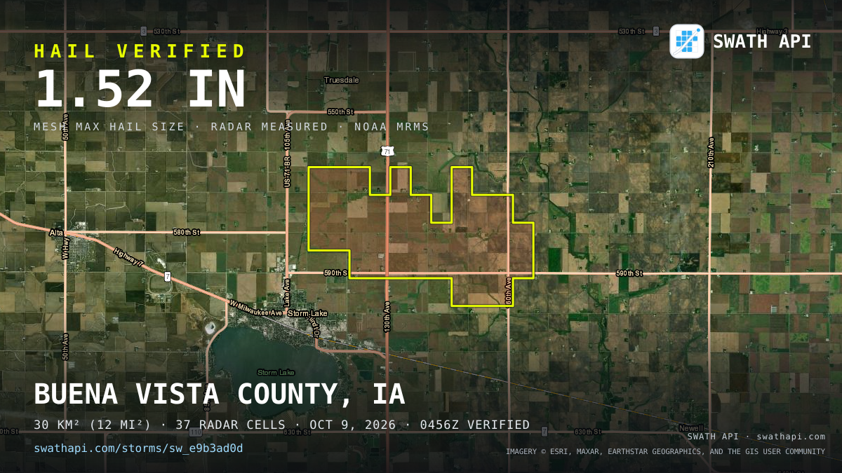 Storm card: 1.1–1.5" hail crossed Buena Vista County, IA — October 9, 2026