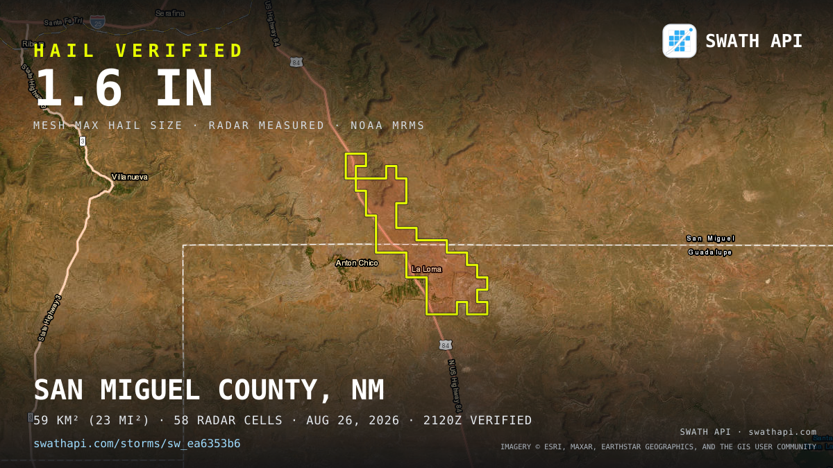 Storm card: 1.1–1.6" hail crossed Guadalupe County, NM — August 26, 2026
