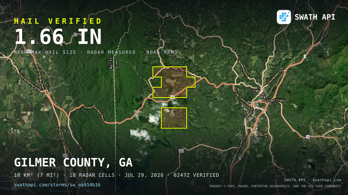Storm card: 1.1–1.7" hail crossed Gilmer County, GA — July 29, 2026