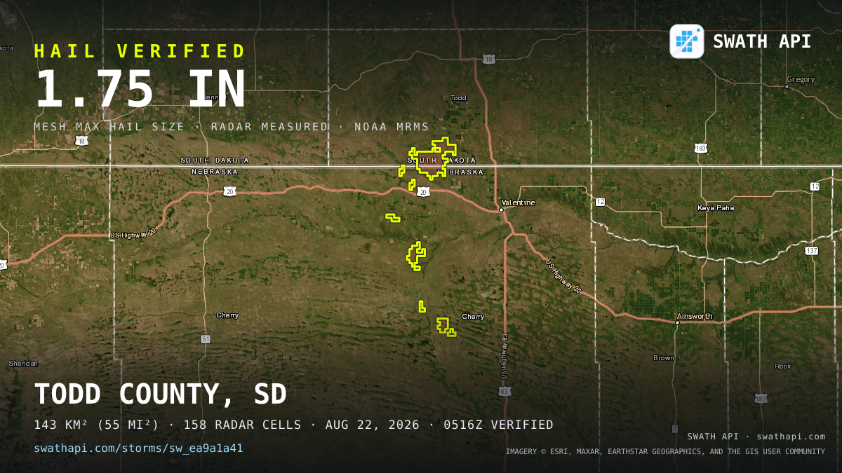 Storm card: 1.2–1.8" hail crossed Cherry County, NE — August 22, 2026