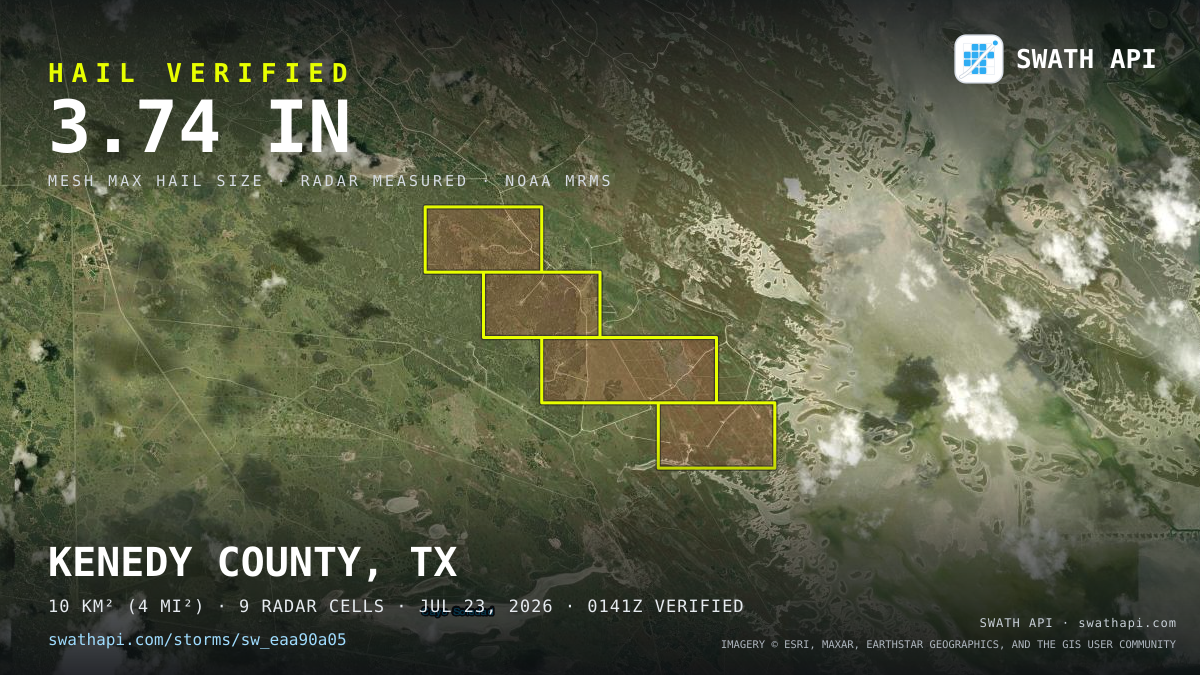 Storm card: 2.7–3.7" hail crossed Kenedy County, TX — July 23, 2026