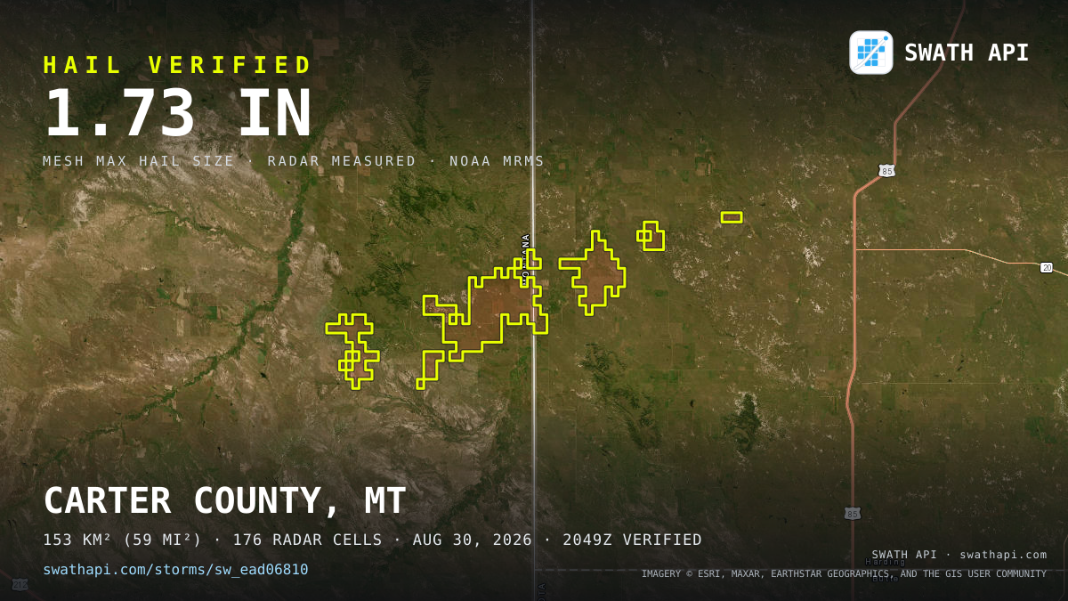 Storm card: 1–1.7" hail crossed Carter County, MT — August 30, 2026