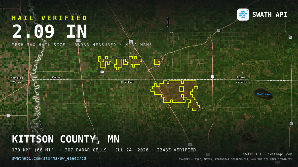 Storm card: 1.2–2.1" hail crossed Marshall County, MN — July 24, 2026