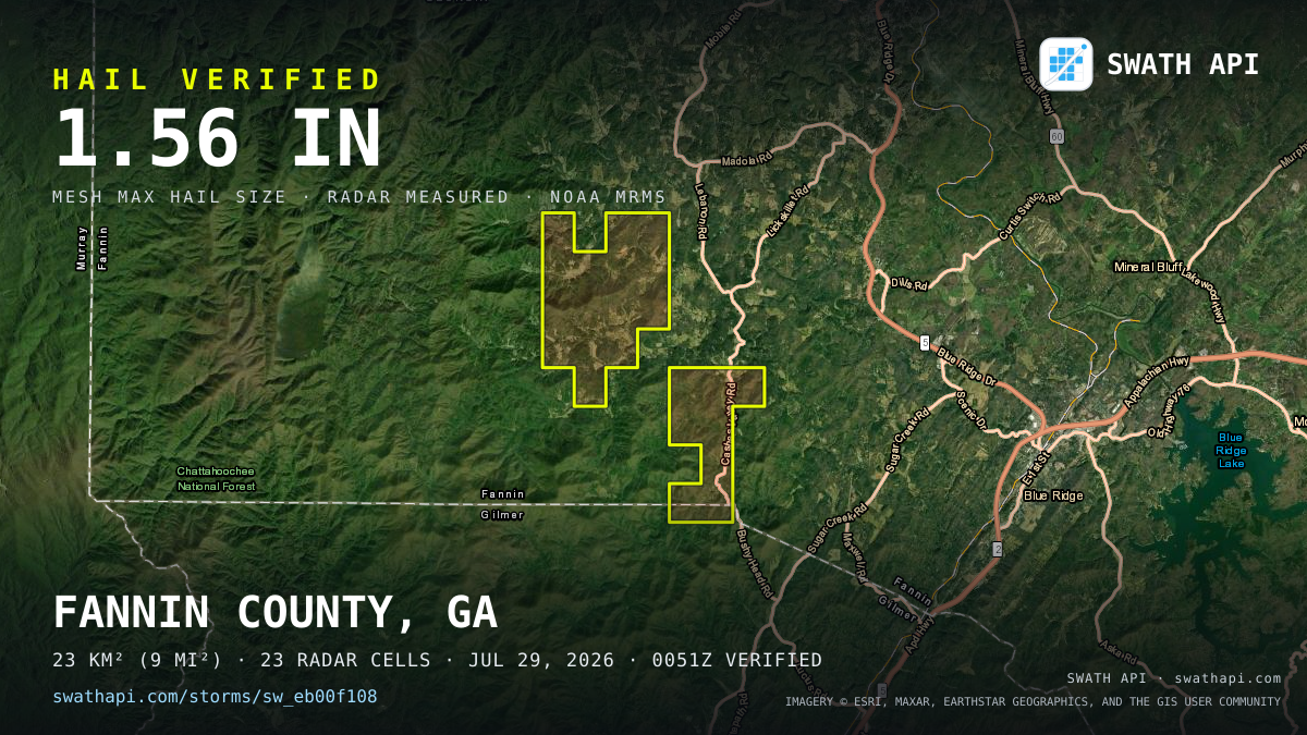 Storm card: 1.1–1.6" hail crossed Fannin County, GA — July 29, 2026