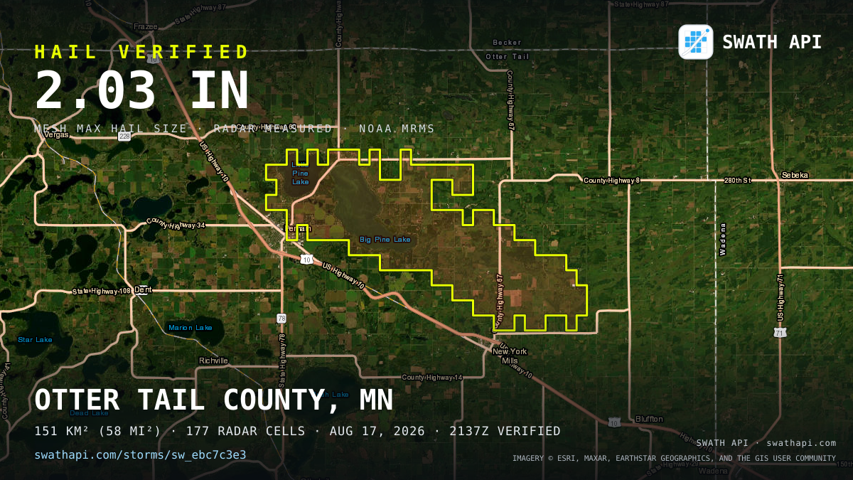 Storm card: 1.2–2" hail crossed Otter Tail County, MN — August 17, 2026