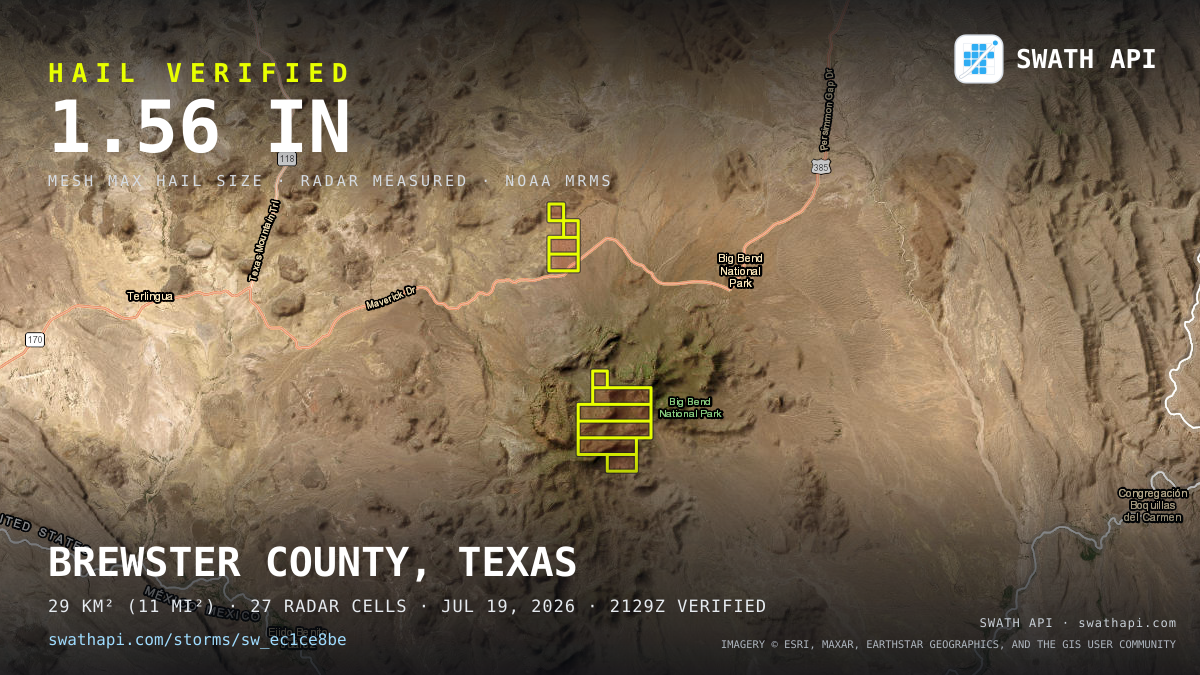 Storm card: 1.1–1.6" hail crossed Brewster County, TX — July 19, 2026