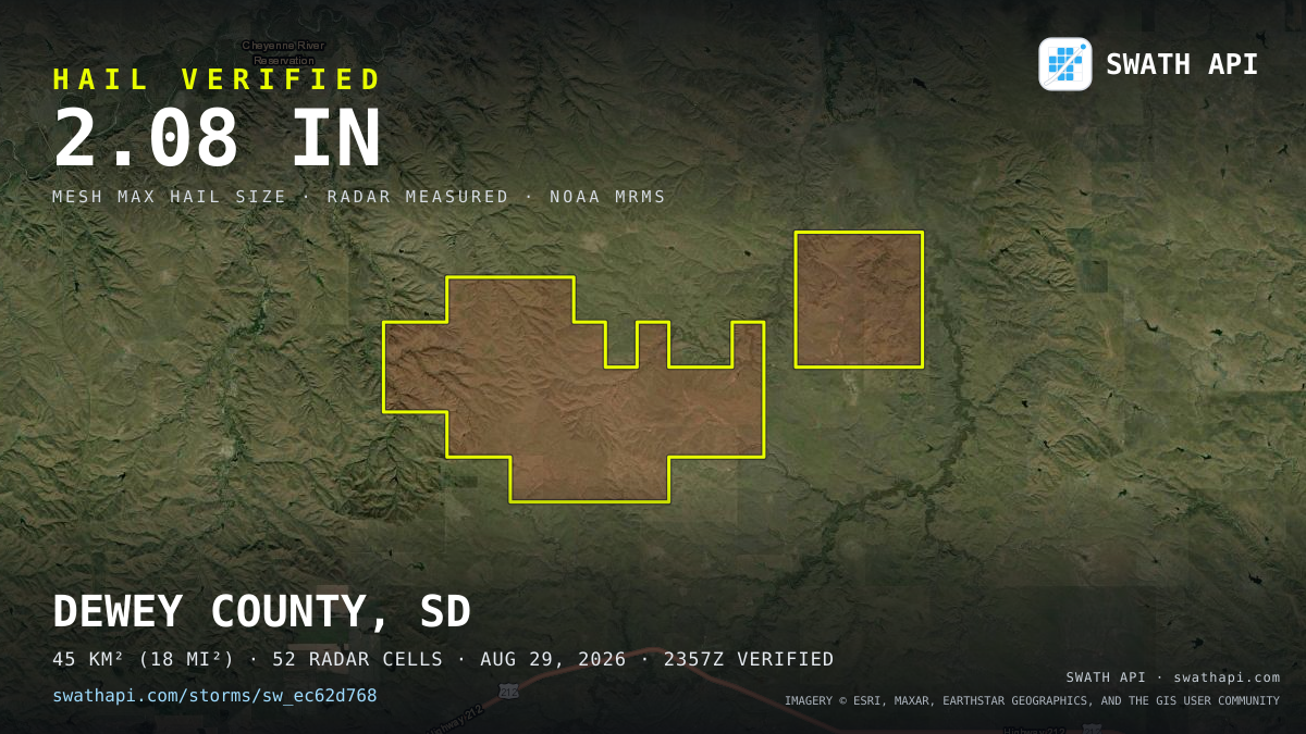 Storm card: 1.2–2.1" hail crossed Dewey County, SD — August 29, 2026