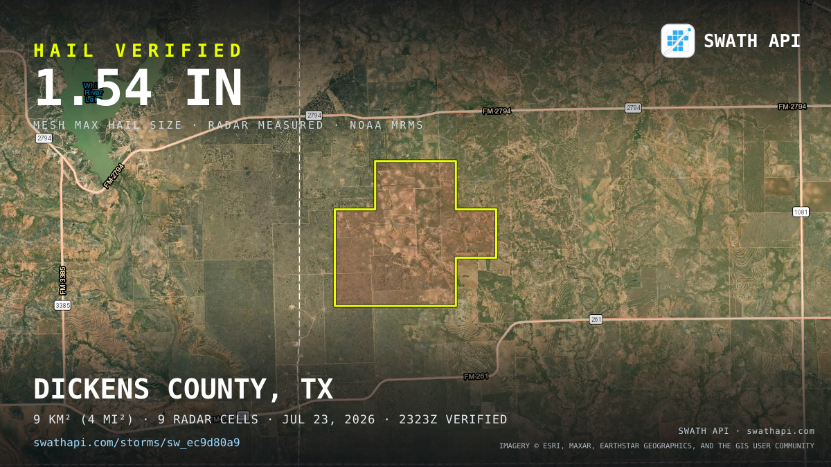 Storm card: 1.2–1.5" hail crossed Dickens County, TX — July 23, 2026