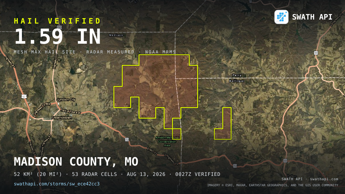 Storm card: 1–1.6" hail crossed Madison County, MO — August 13, 2026