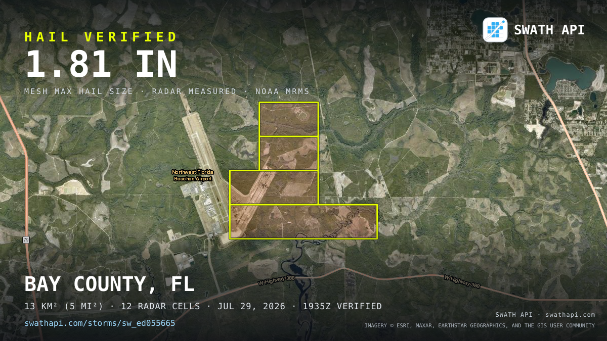 Storm card: 1.2–1.8" hail crossed Bay County, FL — July 29, 2026