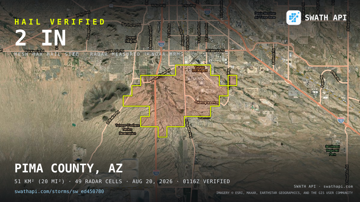 Storm card: 1.3–2" hail crossed Pima County, AZ — August 20, 2026