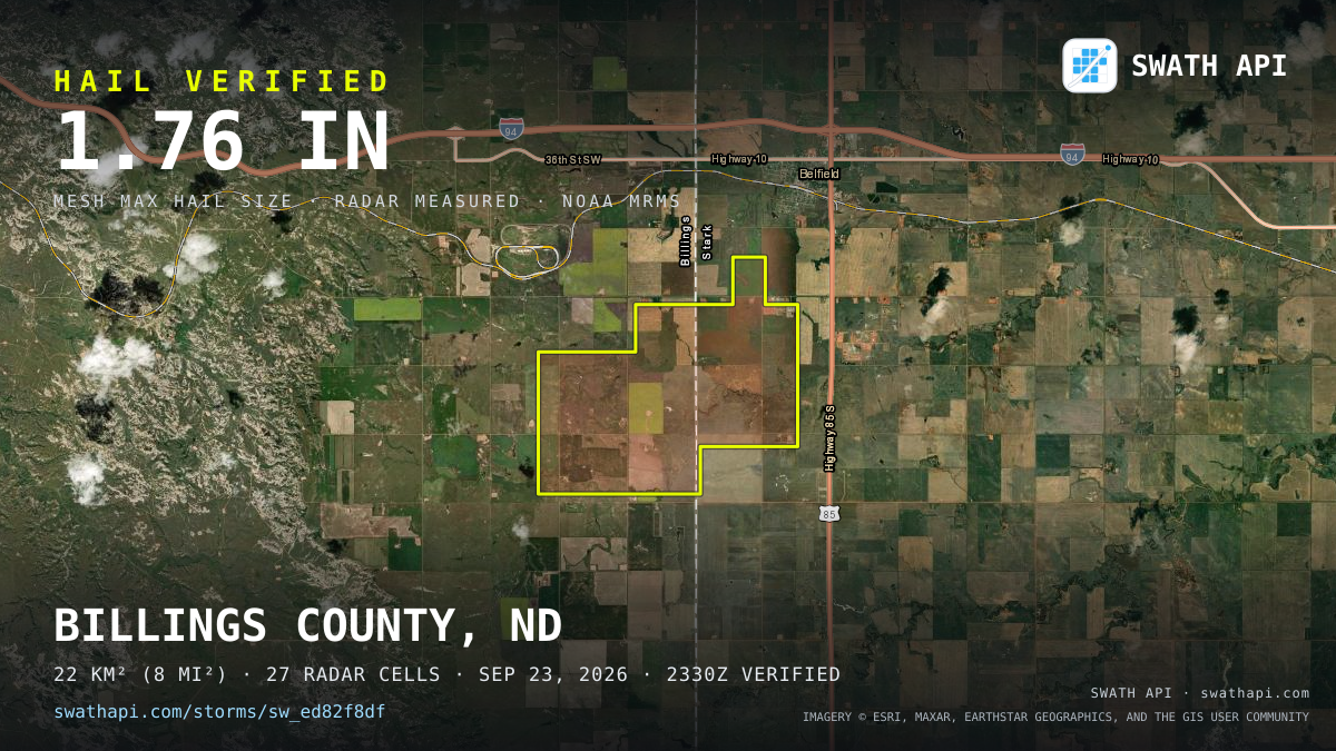 Storm card: 1.6–3.4" hail crossed Stark County, ND — September 23, 2026