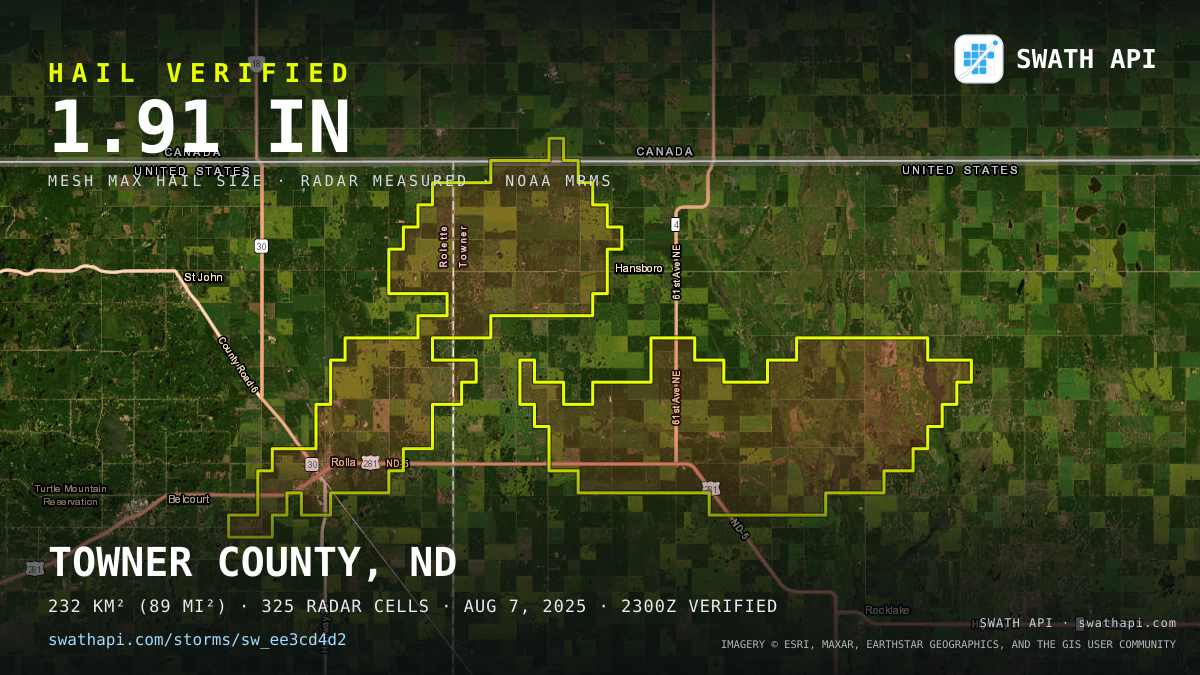 Storm card: 1.3–1.9" hail crossed Towner County, ND — August 7, 2025