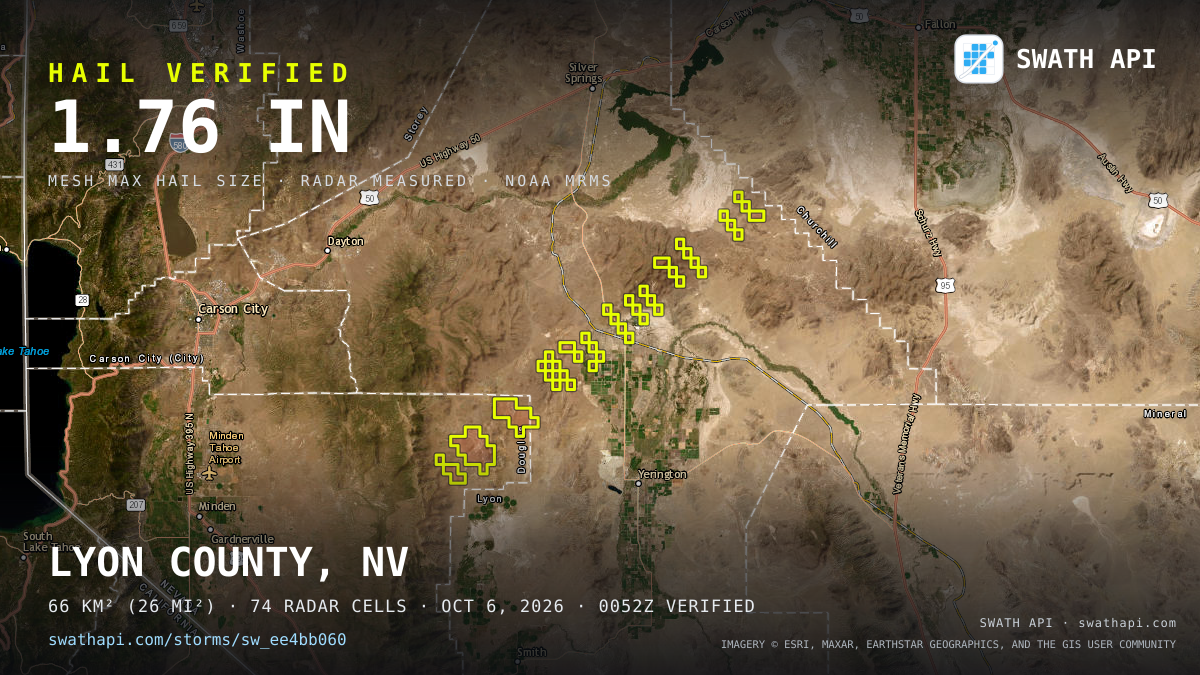 Storm card: 1.2–1.8" hail crossed Lyon County, NV — October 6, 2026