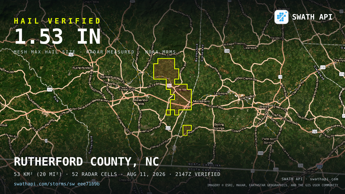 Storm card: 1.1–1.5" hail crossed Rutherford County, NC — August 11, 2026