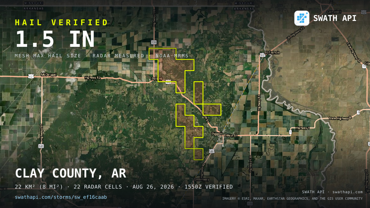 Storm card: 1.1–1.5" hail crossed Clay County, AR — August 26, 2026