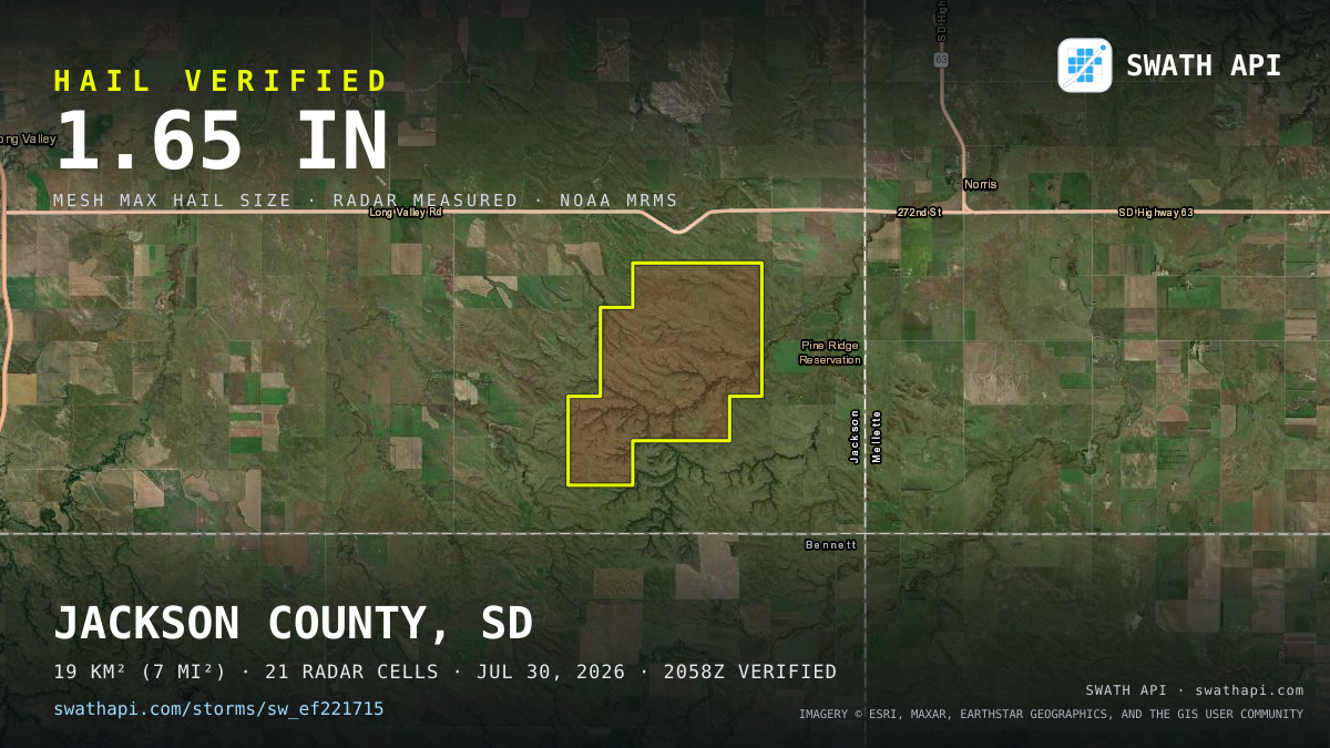 Storm card: 1.3–1.7" hail crossed Jackson County, SD — July 30, 2026