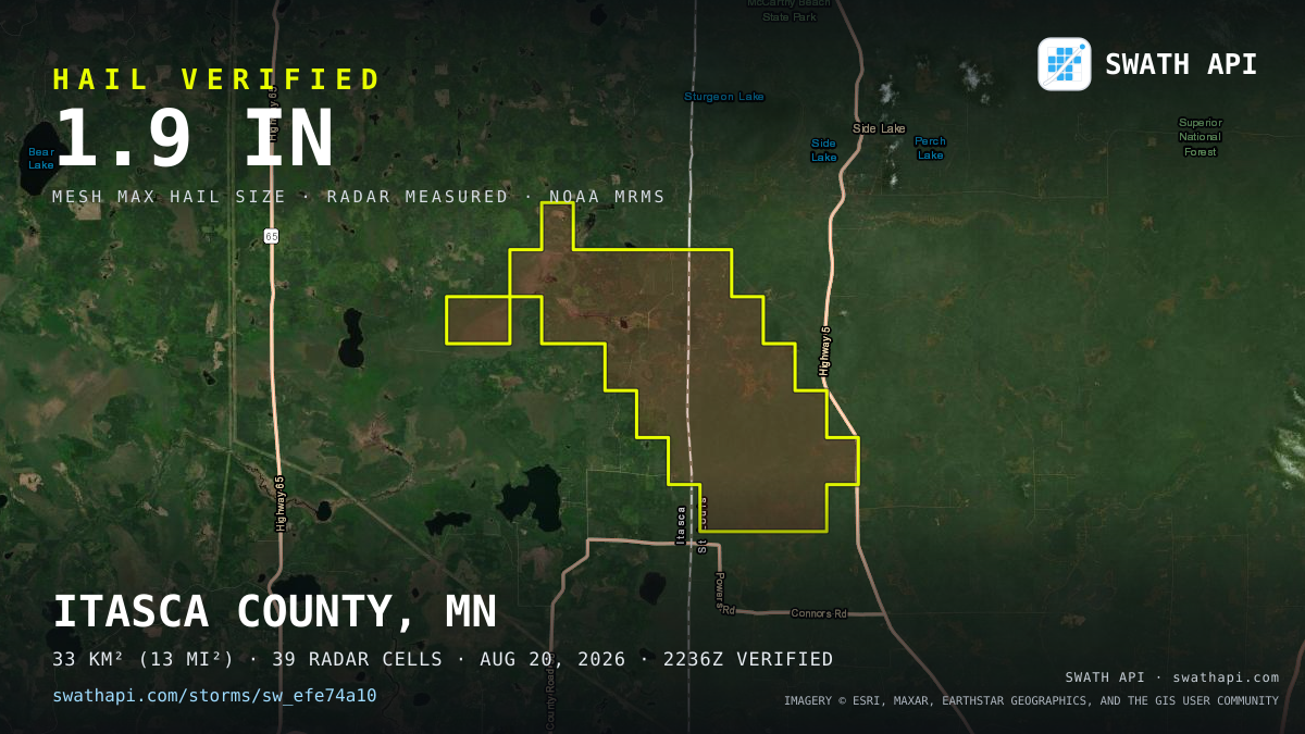 Storm card: 1.2–1.9" hail crossed Itasca County, MN — August 20, 2026