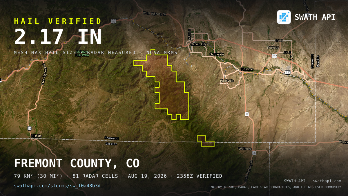 Storm card: 1.1–2.2" hail crossed Fremont County, CO — August 19, 2026