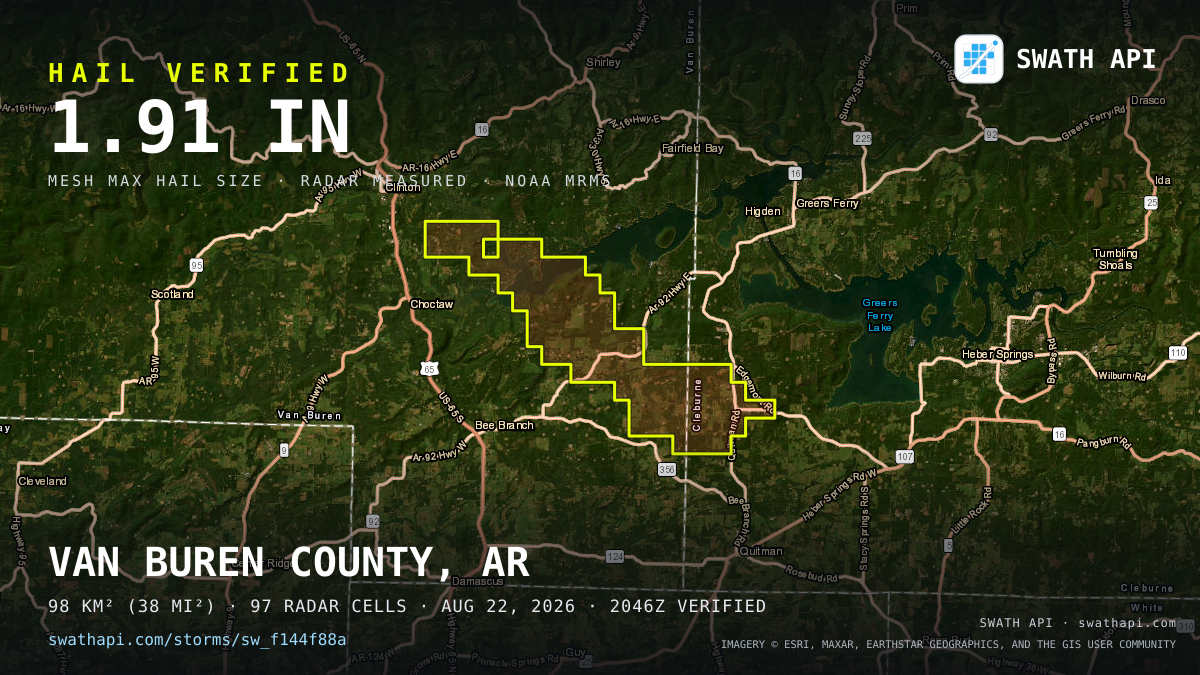 Storm card: 1.2–1.9" hail crossed Van Buren County, AR — August 22, 2026