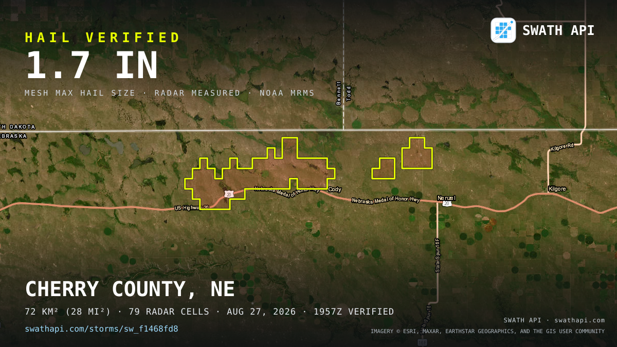 Storm card: 1.2–1.7" hail crossed Cherry County, NE — August 27, 2026