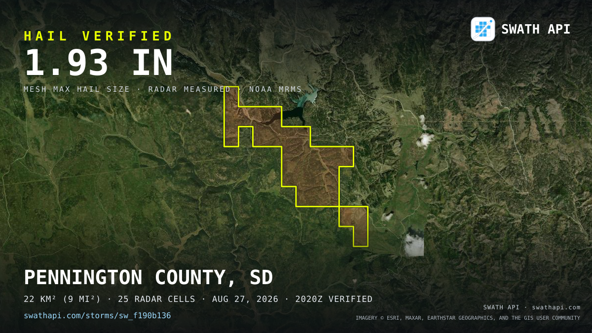 Storm card: 1.3–1.9" hail crossed Pennington County, SD — August 27, 2026