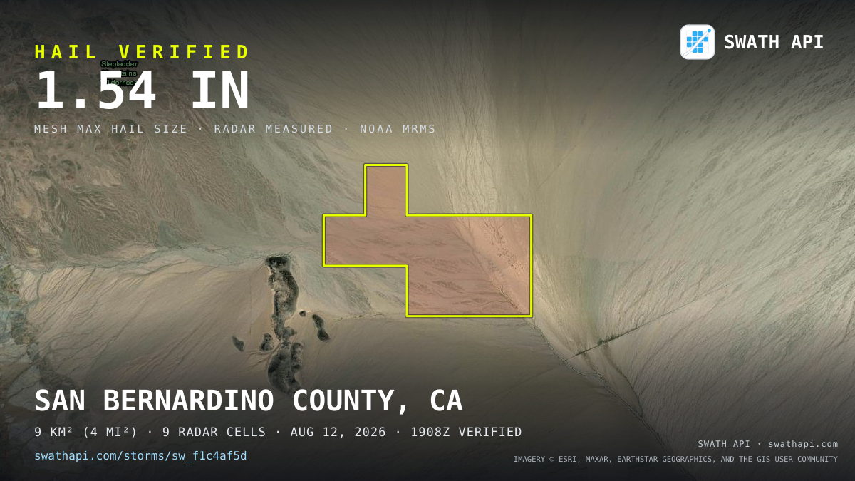 Storm card: 1.1–1.5" hail crossed San Bernardino County, CA — August 12, 2026
