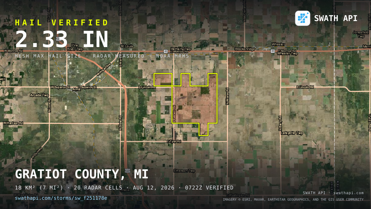 Storm card: 1.4–2.3" hail crossed Gratiot County, MI — August 12, 2026