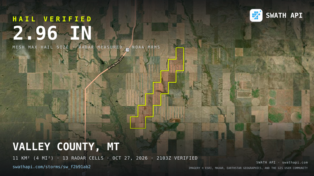 Storm card: 2.3–3" hail crossed Valley County, MT — October 27, 2026
