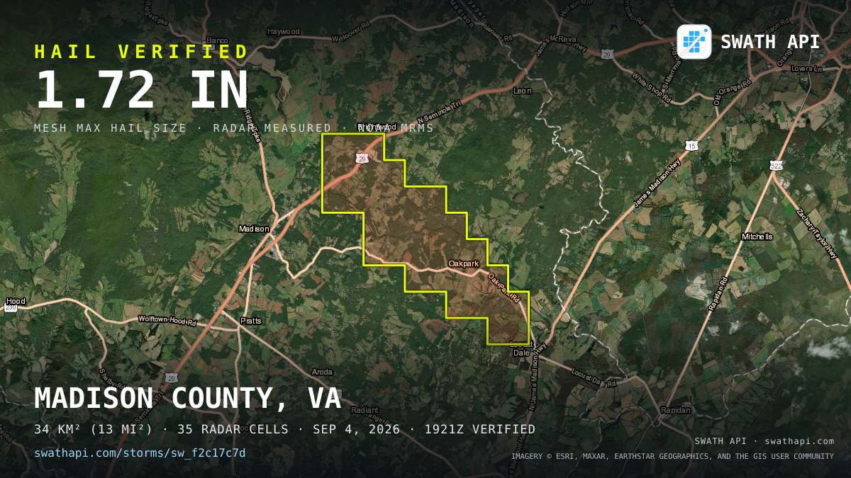 Storm card: 1.1–1.7" hail crossed Madison County, VA — September 4, 2026