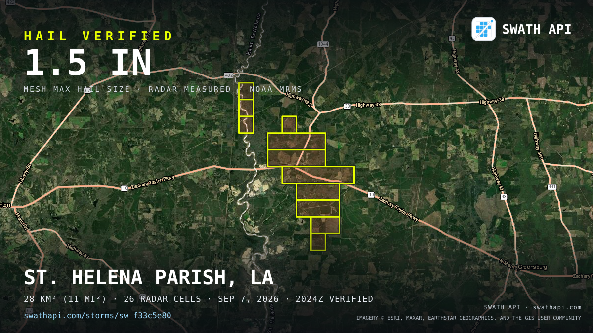 Storm card: 1.1–1.5" hail crossed St. Helena Parish, LA — September 7, 2026