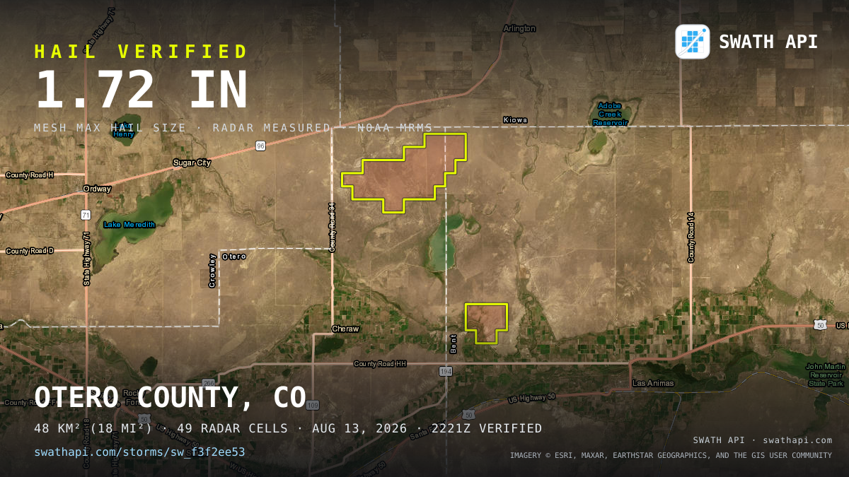 Storm card: 1.3–1.7" hail crossed Otero County, CO — August 13, 2026