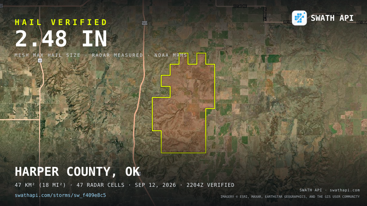 Storm card: 1.3–2.5" hail crossed Harper County, OK — September 12, 2026