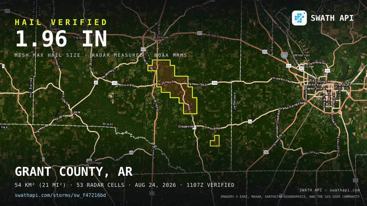 Storm card: 1–2" hail crossed Grant County, AR — August 24, 2026