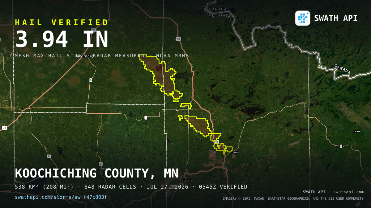 Storm card: 1.2–3.9" hail crossed St. Louis County, MN — July 27, 2026