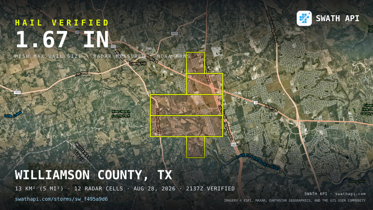 Storm card: 1.2–1.7" hail crossed Williamson County, TX — August 28, 2026