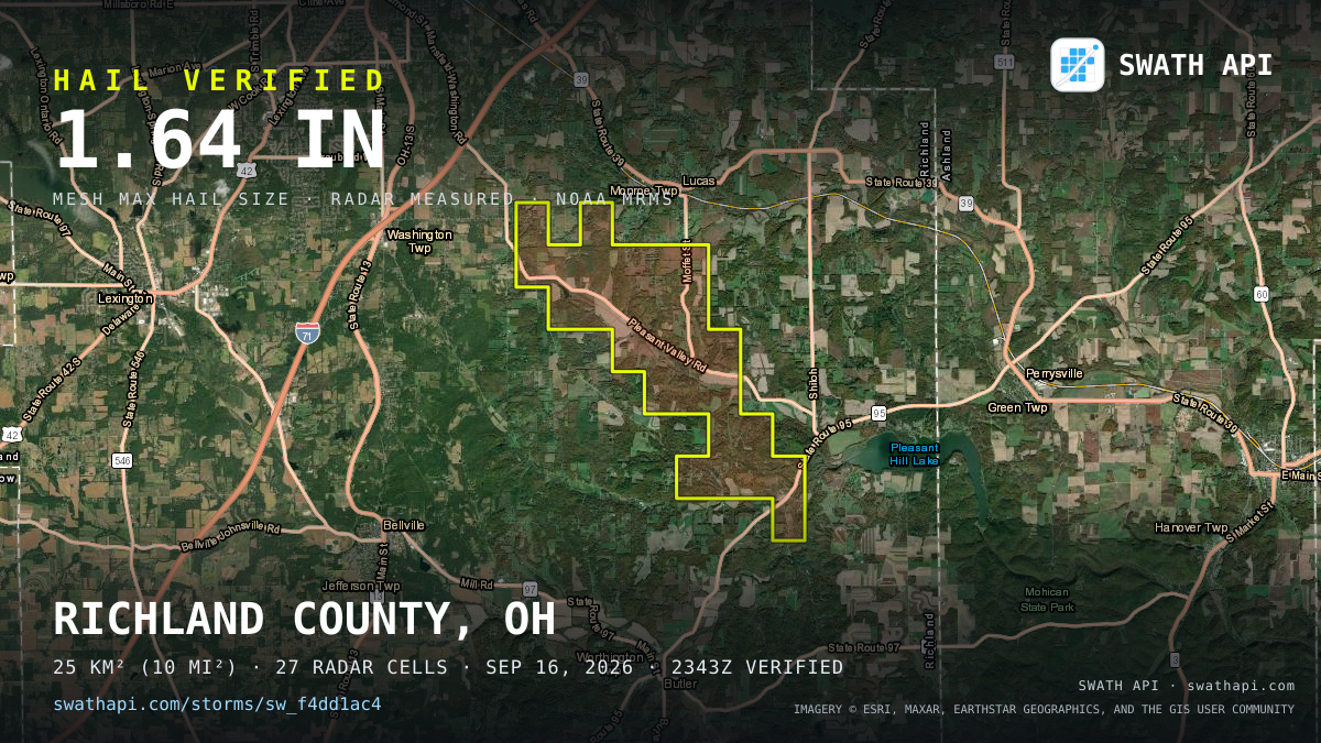 Storm card: 1.1–1.6" hail crossed Richland County, OH — September 16, 2026