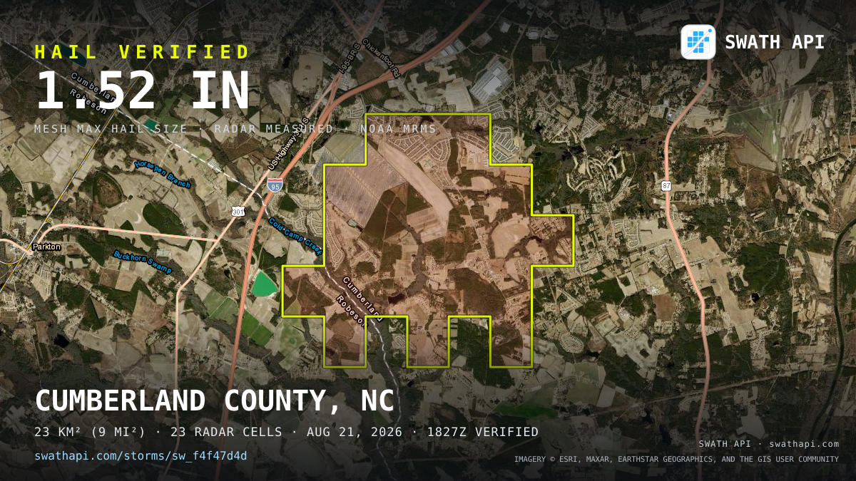 Storm card: 1.1–1.5" hail crossed Cumberland County, NC — August 21, 2026