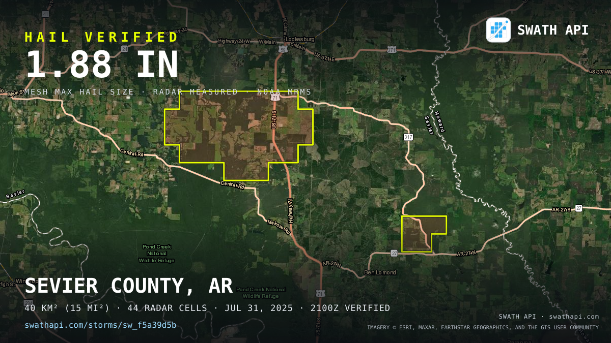 Storm card: 1.3–1.9" hail crossed Sevier County, AR — July 31, 2025