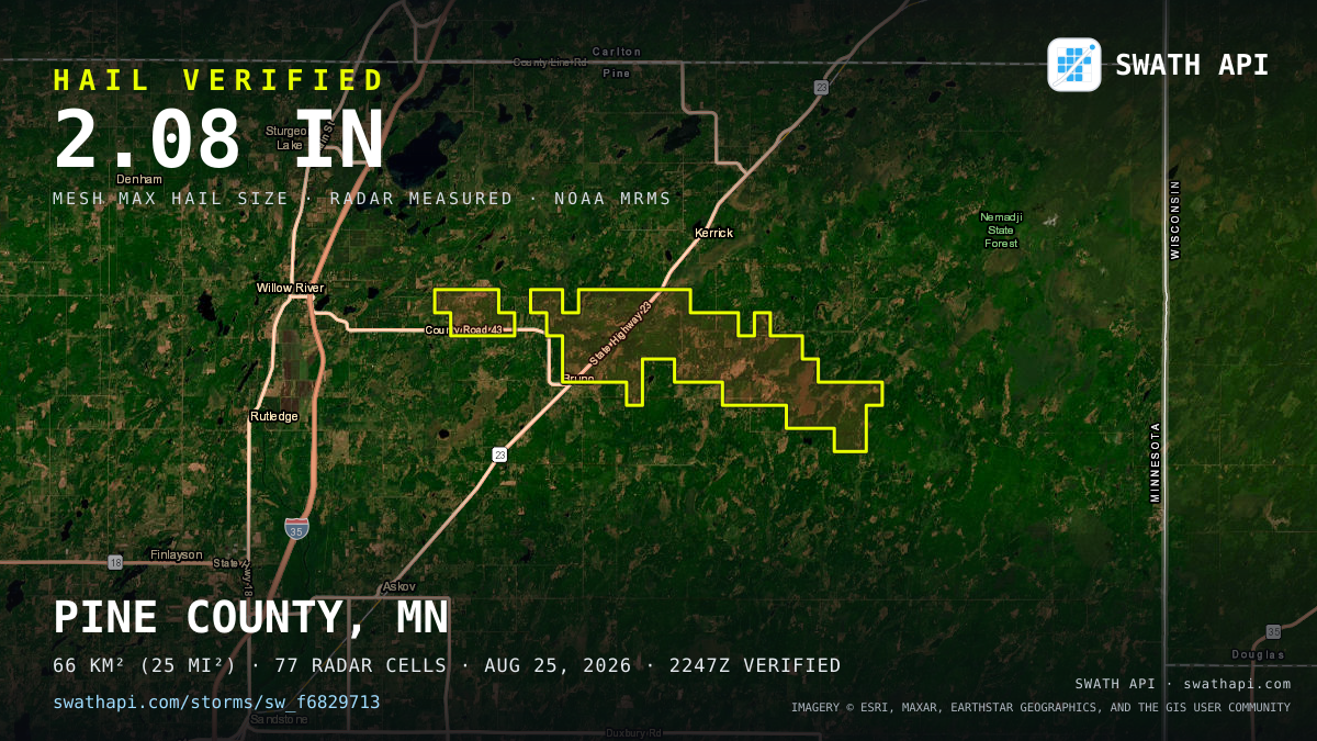 Storm card: 1.2–2.1" hail crossed Pine County, MN — August 25, 2026