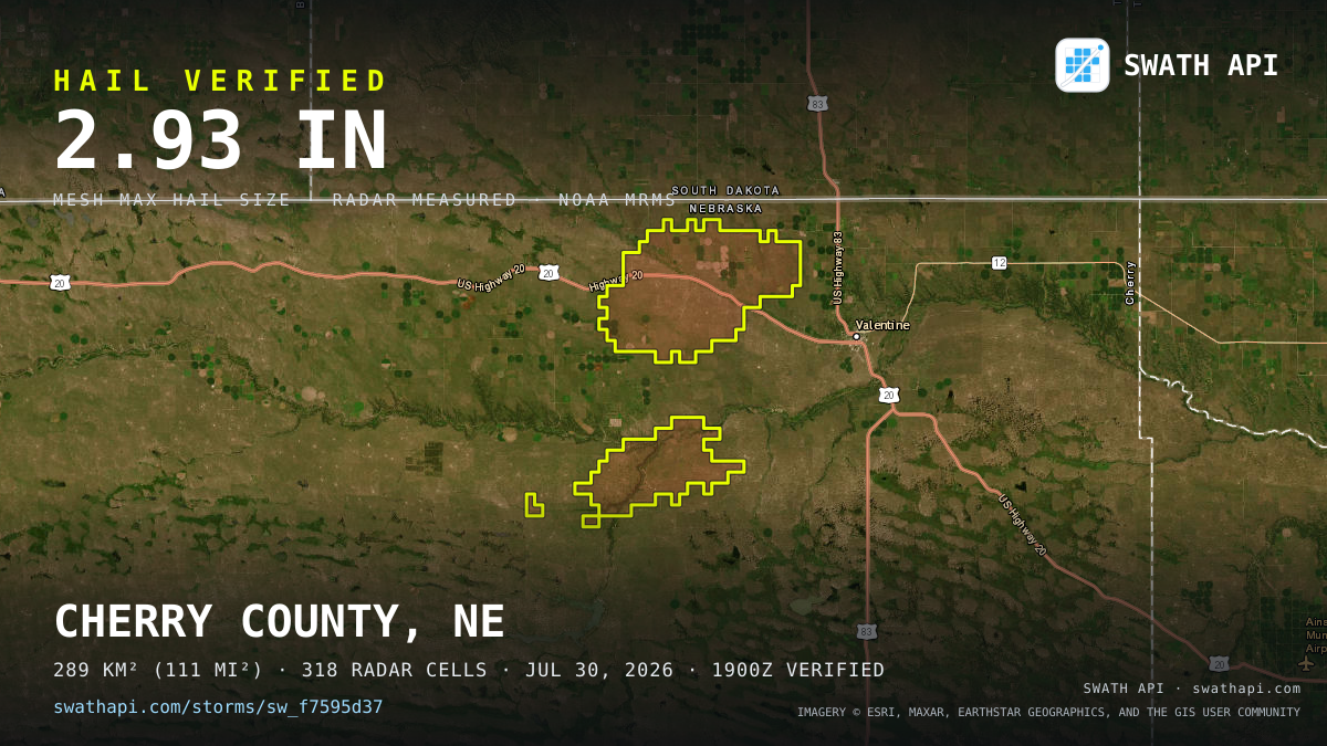 Storm card: 1.3–2.9" hail crossed Cherry County, NE — July 30, 2026