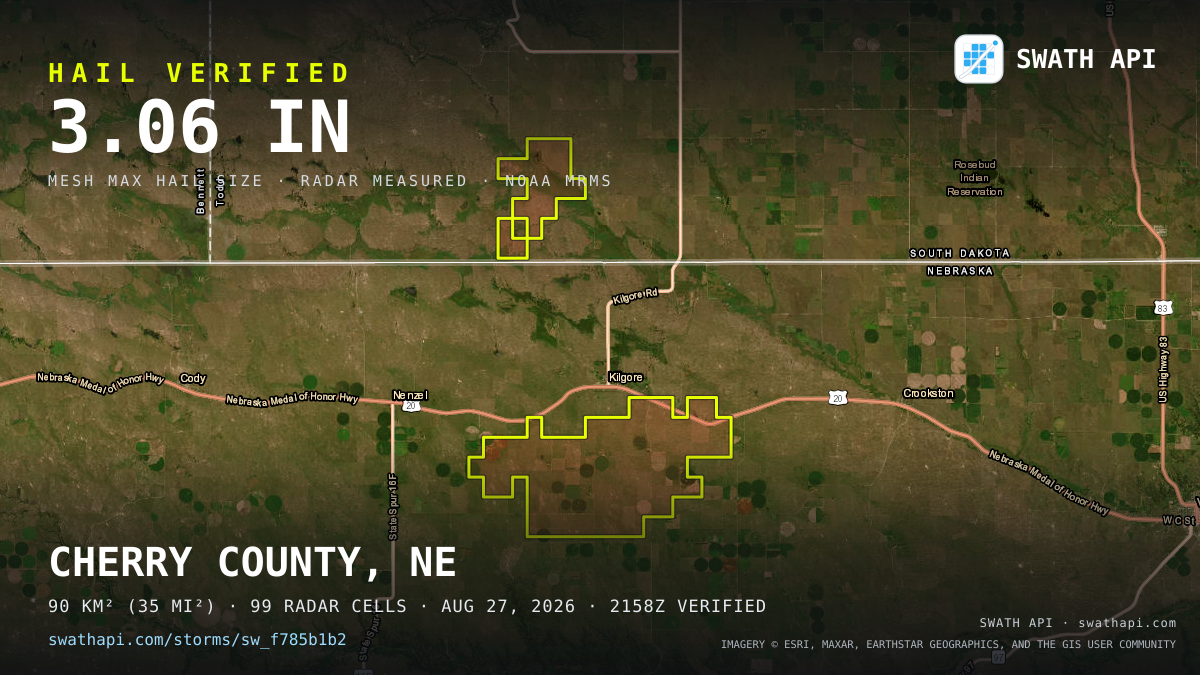 Storm card: 1.2–3.1" hail crossed Cherry County, NE — August 27, 2026