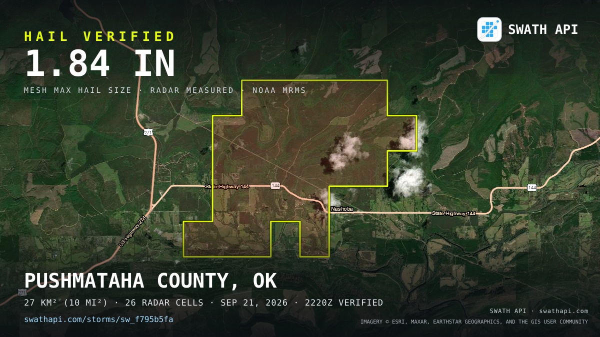 Storm card: 1.1–1.8" hail crossed Pushmataha County, OK — September 21, 2026