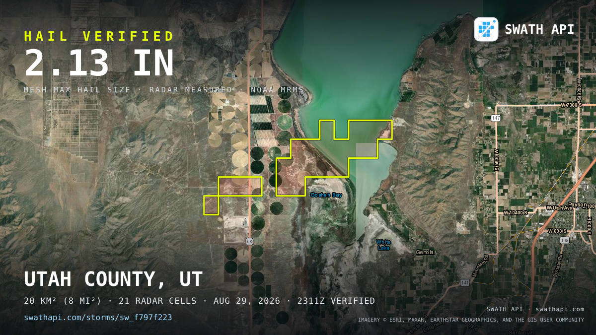 Storm card: 1.3–2.1" hail crossed Utah County, UT — August 29, 2026