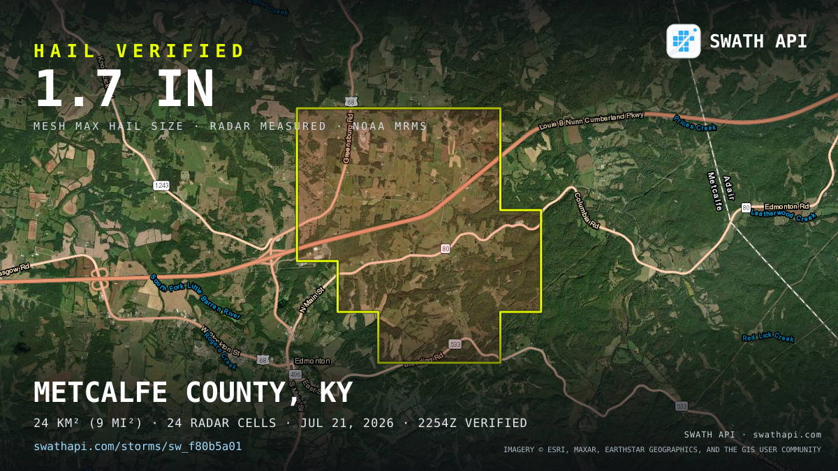Storm card: 1.2–1.7" hail crossed Metcalfe County, KY — July 21, 2026