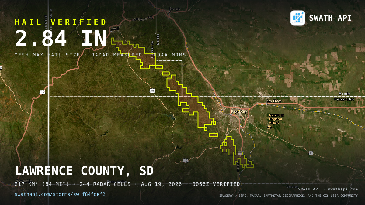 Storm card: 1.2–2.8" hail crossed Pennington County, SD — August 19, 2026