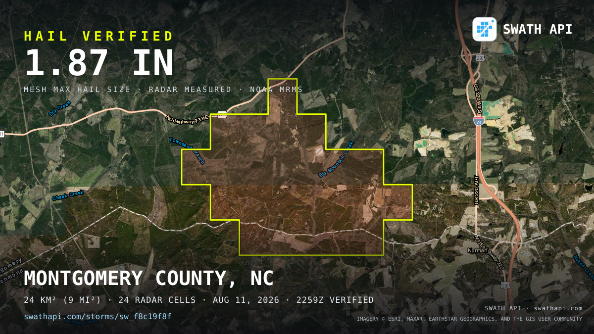 Storm card: 1.4–1.9" hail crossed Montgomery County, NC — August 11, 2026
