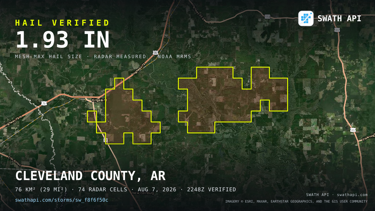 Storm card: 1.2–1.9" hail crossed Cleveland County, AR — August 7, 2026